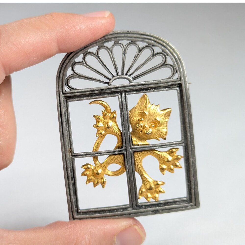 Vintage Jonette Jewelry cat in window brooch, funny costume jewelry, gift for